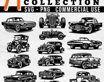 May include: Black and white illustrations of 12 classic retro cars. The image includes a variety of car styles, including sedans, convertibles, and trucks. Text at the top reads "71 Retro Car Silhouettes Collection SVG - PNG Commercial Use."