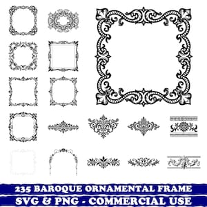 Op de afbeelding: Een verzameling zwart-witte barokke sierlijke frames en designelementen. De afbeelding bevat verschillende framevormen, decoratieve randen en krullen. De tekst onderaan luidt "235 Baroque Ornamental Frame SVG & PNG - Commercial Use."