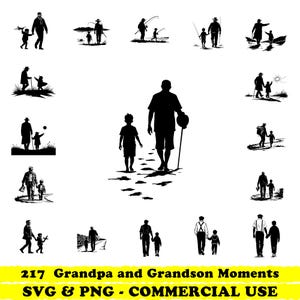 Puede incluir: Ilustraciones en silueta en blanco y negro de abuelos y nietos en diversas actividades, como pescar y caminar. La imagen incluye el texto "217 Grandpa and Grandson Moments SVG & PNG - COMMERCIAL USE."