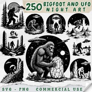 Bigfoot and UFO Night Art: SVG PNG Files for Cricut (Commercial Use, Instant Download)