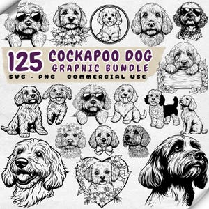 Puede incluir: Un conjunto gráfico de 125 ilustraciones de perros Cockapoo en formatos SVG y PNG, aptas para uso comercial. Las imágenes presentan varios Cockapoos en diferentes poses, algunos con gafas de sol, adornos florales y pajaritas. Las ilustraciones son en blanco y negro.
