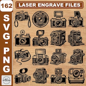 May include: A digital collection of 162 laser engrave files featuring black and white illustrations of various vintage and modern cameras. The graphic set includes SVG and PNG formats, displayed on a light brown wood grain background.