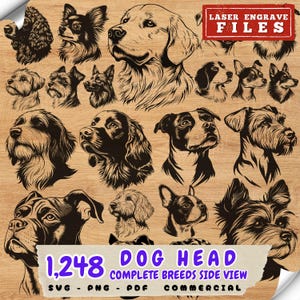 Puede incluir: Ilustraciones en blanco y negro de cabezas de perros de varias razas, dispuestas sobre un fondo de madera. La imagen incluye el texto "1,248 DOG HEAD COMPLETE BREEDS SIDE VIEW" y "LASER ENGRAVE FILES".