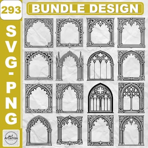 May include: A collection of black and white gothic arch designs, including various window and frame styles. The designs are intricate and detailed, with ornate patterns and shapes. The image includes the text "293 BUNDLE DESIGN" and "SVG PNG".