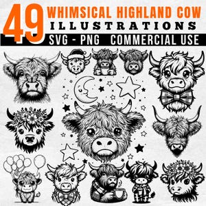 Whimsical Highland Cow Illustrations: SVG PNG Files for Cricut (Commercial Use, Instant Download)