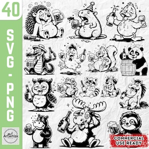 Puede incluir: Arte digital SVG y PNG en blanco y negro con varios animales de dibujos animados, incluyendo un erizo, un castor, un pato, un caimán, una gallina, una ardilla, un panda, un búho, una rana, un mapache, un perro, un caballo, un hipopótamo, un alce y un perezoso, cada uno sosteniendo cerveza o vino.