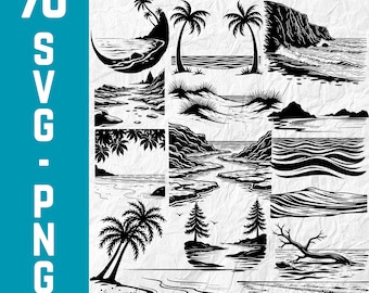 May include: A collection of 76 black and white beach scene graphics in SVG and PNG formats. The illustrations include palm trees, ocean waves, rocky cliffs, and coastal landscapes. The text "BEACH SCENE GRAPHICS" is at the top.
