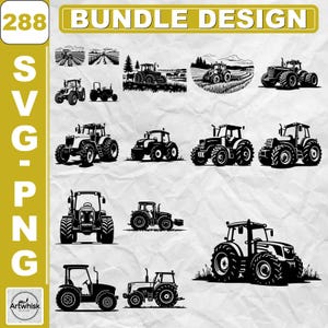 Pode incluir: Um pacote de design digital contendo 288 ilustrações de tratores em preto e branco nos formatos SVG e PNG. A coleção inclui várias silhuetas de tratores agrícolas, cenas de campo e gráficos de equipamentos agrícolas.