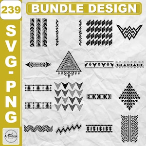 Pode incluir: Uma coleção de elementos de design SVG e PNG em preto e branco. Os designs incluem padrões geométricos, setas, triângulos e bordas. O texto "BUNDLE DESIGN" está no topo e "SVG PNG" no lado esquerdo.