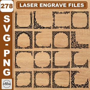May include: A collection of laser-engraved frame designs in black, featuring various ornate corner and border patterns. The designs include floral, geometric, and arched elements, suitable for crafting projects. The image also includes the text "LASER ENGRAVE FILES".