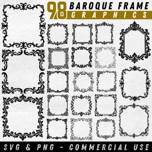 Op de afbeelding: Een verzameling van 98 barokke frame-afbeeldingen in SVG- en PNG-formaten. De frames hebben verschillende vormen, waaronder vierkant en rechthoekig, met sierlijke, wervelende en bloemmotieven. De afbeeldingen zijn zwart op een witte achtergrond.