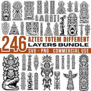 May include: A collection of 246 Aztec totem designs in black and white. The image includes various totem pole illustrations with intricate details, along with the text "Aztec Totem Different Layers Bundle SVG - PNG Commercial Use."