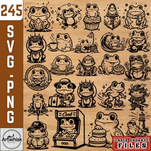 Könnte beinhalten: Eine Sammlung von 245 SVG- und PNG-Dateien mit verschiedenen Frosch-Illustrationen. Die Schwarz-Weiß-Designs zeigen Frösche mit Kronen, auf Skateboards und beim Spielen von Arcade-Spielen. Der Text "Laser Engrave Files" ist sichtbar.