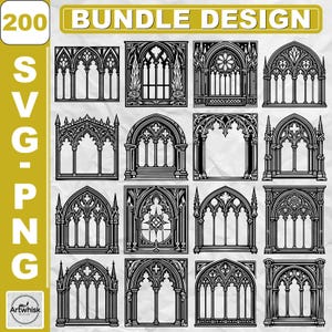 May include: A digital collection of 200 gothic window designs in black and white. The image displays a grid of sixteen intricate architectural window illustrations featuring pointed arches, tracery, and columns, labeled as a BUNDLE DESIGN SVG-PNG.