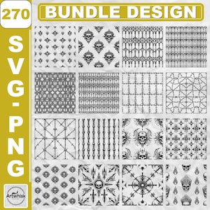 May include: A digital bundle design featuring 270 SVG and PNG files with black and white repeating patterns. The collection includes various motifs such as skulls, barbed wire, gothic architectural elements, and ornate geometric shapes.