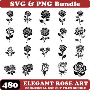 Elegant Rose Line Art Set: SVG PNG-filer för Cricut (Kommersiellt bruk, omedelbar nedladdning)