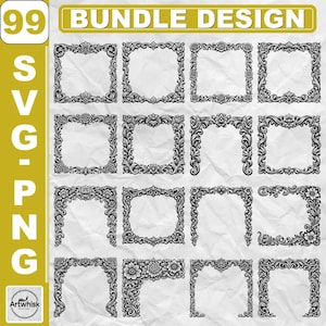 May include: A digital bundle design featuring 99 SVG and PNG files of black and white ornate frames. The collection includes various square and rectangular decorative borders with intricate floral and scrollwork patterns on a crumpled paper background.