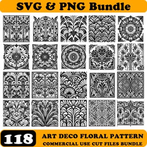 以下が含まれることがあります： 白黒の118個のアールデコ調の花柄のコレクション。パターンには、商用利用に適したさまざまな花柄と幾何学模様が含まれています。画像には「SVG＆PNGバンドル」と「Art Deco Floral Pattern Commercial Use Cut Files Bundle」というテキストが表示されています。