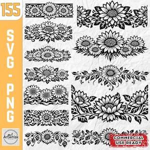 Sunflower Floral Border Strip Designs: SVG PNG Files (Commercial Use, Instant Download)