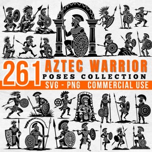 Pode incluir: Coleção de 261 poses de guerreiros astecas em preto e branco. As ilustrações mostram guerreiros com lanças e escudos. O texto "Aztec Warrior Poses Collection" é exibido em laranja.