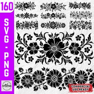 Floral Border Bundle: Seamless Repeat Vines, Flowers SVG PNG (Commercial Use)