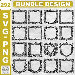 May include: A collection of 16 black and white ornate frame designs in various shapes, including squares and shields. The frames feature intricate floral and scrollwork patterns. The text "BUNDLE DESIGN" is at the top, and "SVG PNG" is on the left.