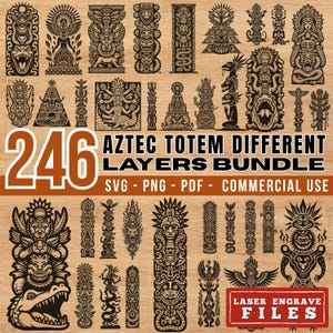 May include: A bundle of 246 Aztec totem designs in SVG, PNG, and PDF formats, for commercial use. The image displays detailed illustrations of Aztec totems, with the text "AZTEC TOTEM DIFFERENT LAYERS BUNDLE".