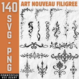 Puede incluir: Una colección de 140 diseños de filigrana Art Nouveau en negro, que incluyen esquinas florales, bordes y elementos decorativos. La imagen incluye el texto "SVG - PNG" y "Commercial Use Ready."