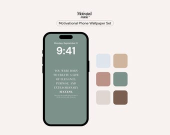 May include: A phone screen displays a motivational quote: "YOU WERE BORN TO CREATE A LIFE OF ELEGANCE, PURPOSE, AND EXTRAORDINARY SUCCESS." The phone is surrounded by a black border. Six color swatches are to the right.