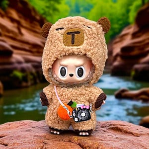 Cute Capybara Outfit Set for Labubu Plush 17cm – 3-Piece Handmade Doll Clothes Set with Hoodie, Bodysuit & Camera (Doll not included)