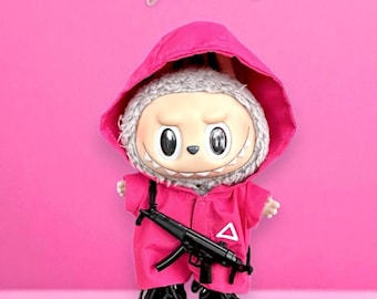 Pink Guard Outfit for 17cm Labubu Plush Doll, Handmade Labubu Outfits & Clothing Plush Accessories, Korean Series Survival Game-Inspired