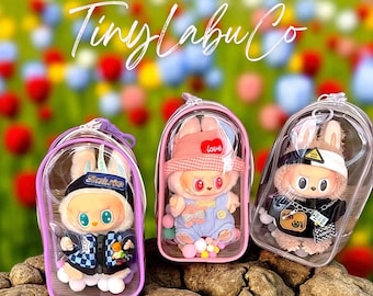 Transparent Travel Case for Labubu Dolls 15-17cm, Colorful PVC Display Bag with Keychain, Perfect for travel or gift, Doll Not Included