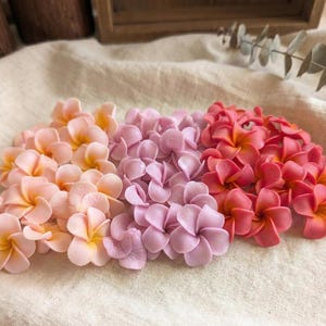 Op de afbeelding: Een verzameling kunstmatige plumeria bloemen in tinten perzik, lavendel en koraal. De bloemen zijn gerangschikt in een cluster op een crèmekleurige stof, met een houten kist en een takje eucalyptus op de achtergrond.