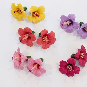 Puede incluir: Cinco pares de pendientes con forma de flor de hibisco en amarillo, coral, lavanda, rosa claro y rosa oscuro. Cada pendiente tiene cinco pétalos con un estambre central, polen amarillo y una base verde, dispuestos sobre una superficie blanca.