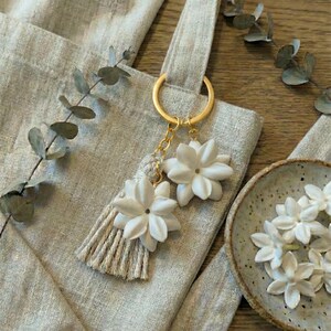 May include: A light gray tote bag with a gold ring and a tassel with two white flower charms. A small ceramic bowl with white flower accents is on the right side of the bag.