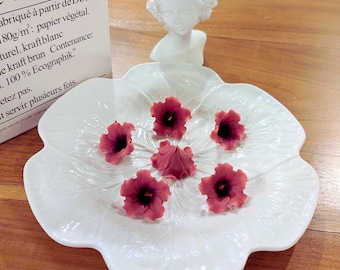 Puede incluir: Un plato de cerámica blanco en forma de pétalo contiene seis flores de hibisco de color rosa oscuro con centros oscuros. Un busto blanco y una bolsa de papel con texto en francés están en el fondo. Las flores están dispuestas sobre una superficie de madera.