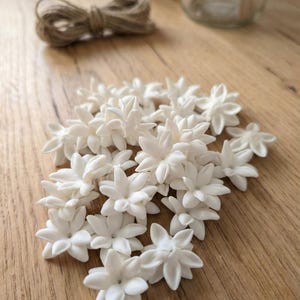 May include: A collection of small, white, star-shaped flowers arranged on a wooden surface. A bundle of twine is visible in the background. The flowers have multiple petals and a delicate appearance, suggesting a craft or decorative item.