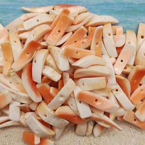 May include: A pile of approximately 50 shell beads in shades of white and peach. The beads are flat and have a hole drilled through the center. They are perfect for jewelry making or crafting.