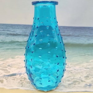 TEAL HOBNAIL Glass Bottle/Vase ~ Seashell catchall ~ Memories jar ~ Sea glass blue