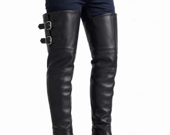 Bottes hautes en cuir noir faites à la main, bottes de motard avec double boucle, bottes montantes pour hommes