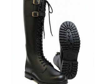 Handmade Black Leather Army Boots - Double Buckle Military Long Boot - Officer Riding Lace Up Boots with Rubber Sole