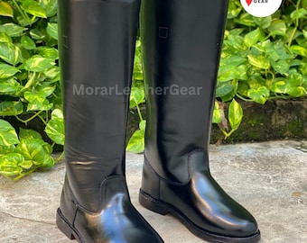 Handmade Black Leather Long Boots | German Officer Riding Tall Boot with Leather Sole