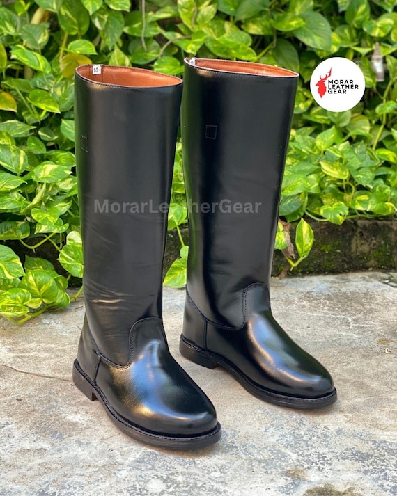 Handmade Black Leather Long Boots | German Officer Riding Tall Boot with Leather Sole