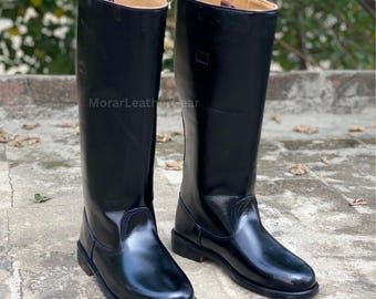 German Officer Leather Boot - Riding Long Boot - Handmade Black Leather Jack Boot