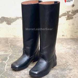 Bota larga de cuero para oficial alemán - Bota alta de montar de cuero negro hecha a mano con suela de cuero y punta cuadrada