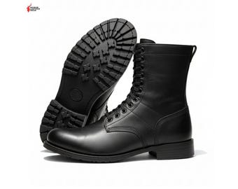 Handmade Black Leather Combat Boots - Military Style Tactical Lace-up Army Boot