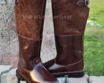Handmade Leather Long Boot with Rubber Sole - Military Style Officer Riding Tall Boots - Brown Leather & Suede with Fur Inner Lining