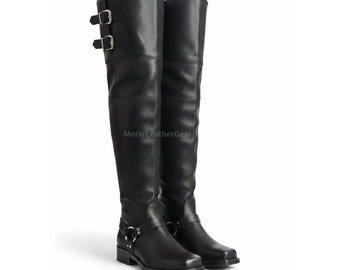 Handmade Thigh High Leather Biker Boots | Tall Black Motorcycle Riding Boots with Double Buckle | Over Knee Leather Boots | Custom Made Boot
