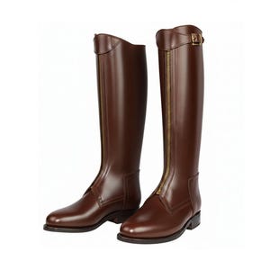 May include: A pair of tall, brown leather riding boots. The boots have a zipper down the front and a buckle at the top. The boots are designed for equestrian activities.