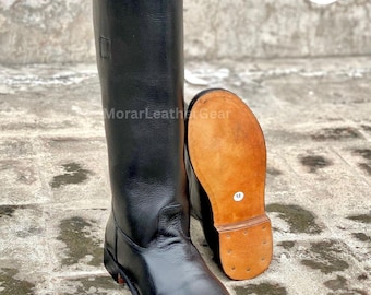German Officer Riding Boots - Black Leather Knee High Boot - Military Officer Jackboots for Men
